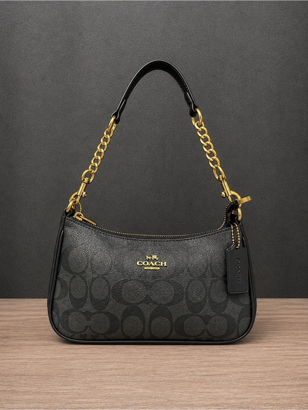 COACH Black Signature Chain-Accent Shoulder Bag